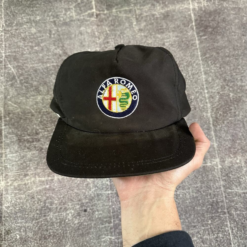 Men's Vintage 90's Alfa Romeo Black Plain Logo Leather Strapback Adjustable Hat
